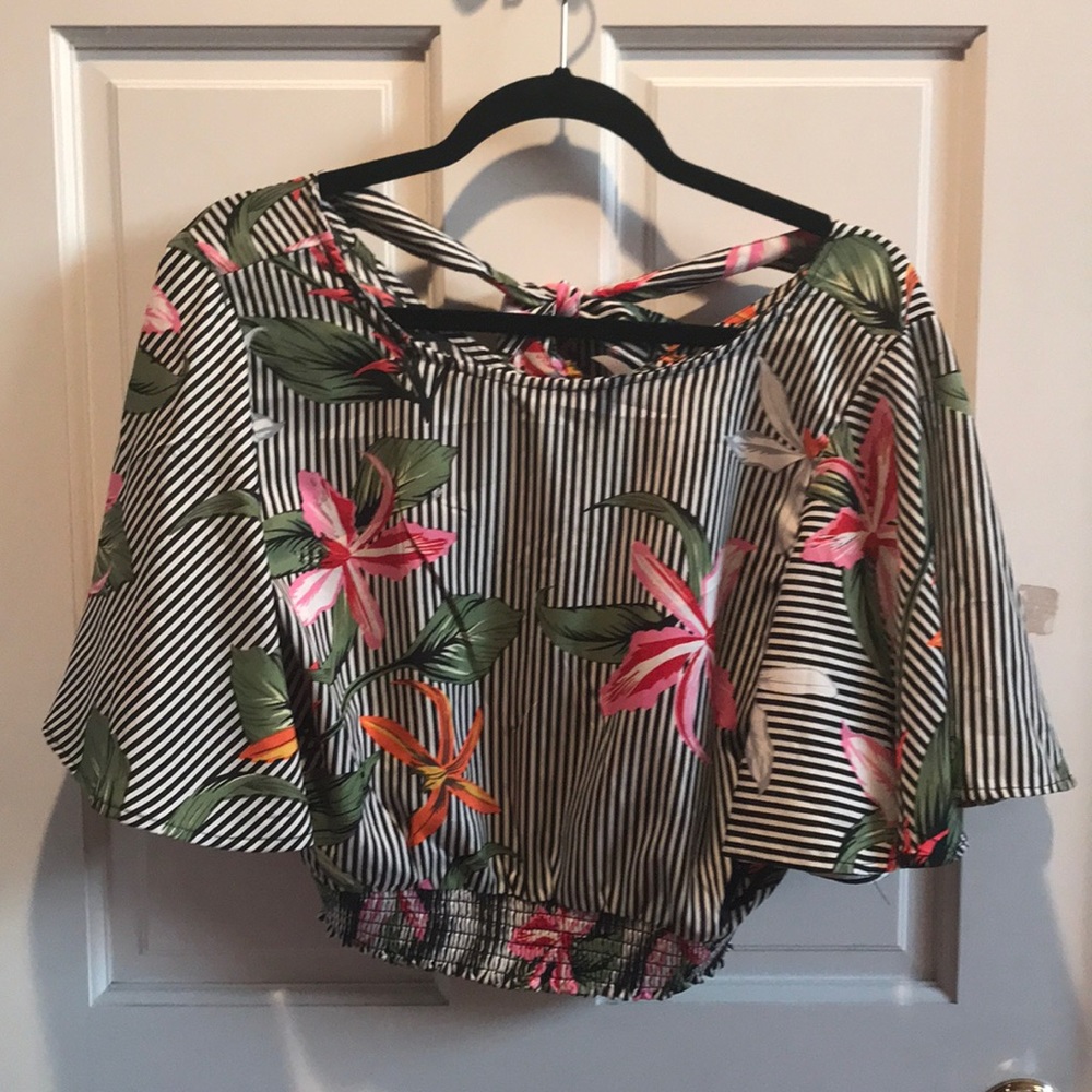 Bell sleeved, striped and floral fitted crop top